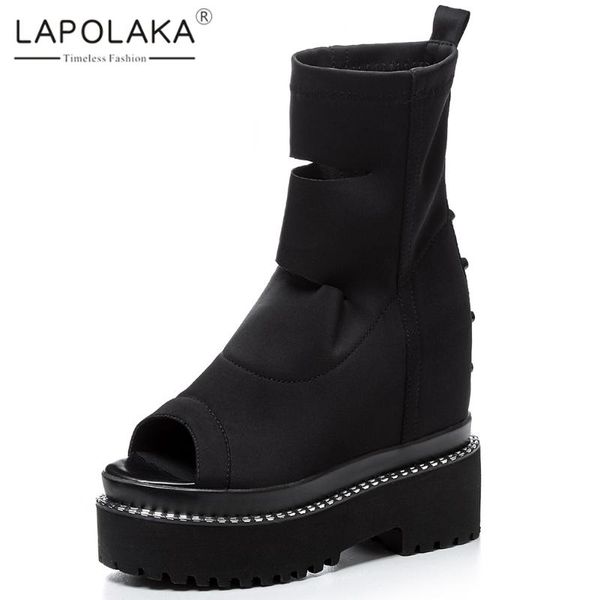 

lapolaka 2020 stretch fabric square heels summer boots woman shoes peep toe slip-on comfortable shoes women boots, Black