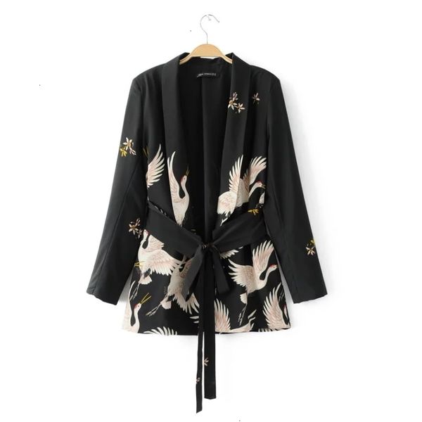 

coat women designer jackets women fashion red crowned crane kimono style jacket casual long sleeve coat vintage knotted belt c215, Black;brown