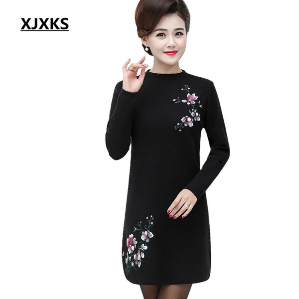 

xjxks women turtleneck long sweater new 2019 autumn winter exquisite embroidery comfort cashmere knitted dress women pullover, White;black