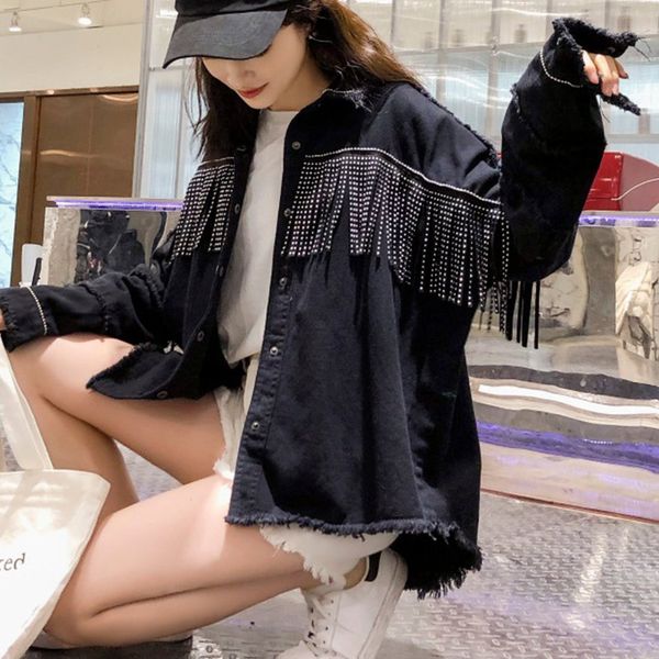 

women black plus size loose denim jacket coat 2019 autumn streetwear outerwear lady sequined tassels button jeans jackets female, Black;brown