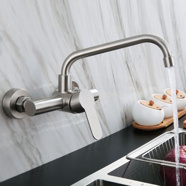 Torneira da cozinha de aço inoxidável Bacia Banheiro Sink torneira Wall Mounted giro de 360 ​​graus Duplo Buraco Hot Cold Water Mixer Tap guindaste T200424