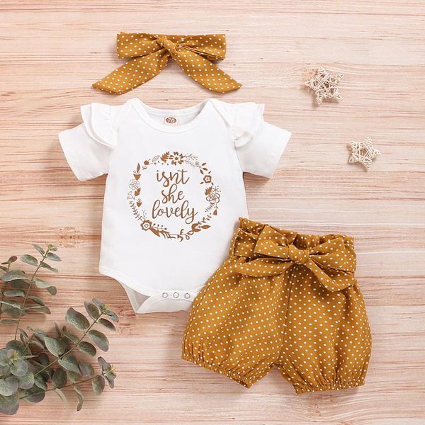 

khaki baby shorts summer set bodysuit+pants+headband toddler girl clothing baby girl clothes suit for newborn 9-12months d30, White