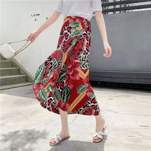 

2019 bohemian high waist floral print skirts summer female asymmetrical chiffon skirt beach dress long maxi skirts covers up, Blue;gray