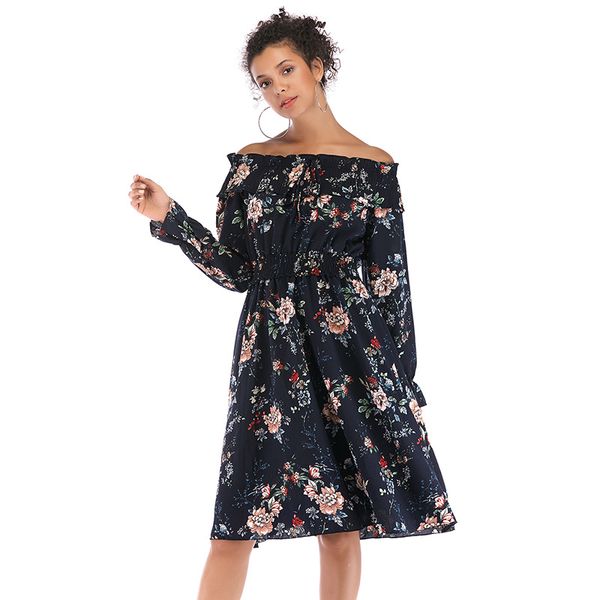 

selling a hair-generation women's wear retro wind a word collar open shoulder dress small floral chiffon skirt girl, Black;gray