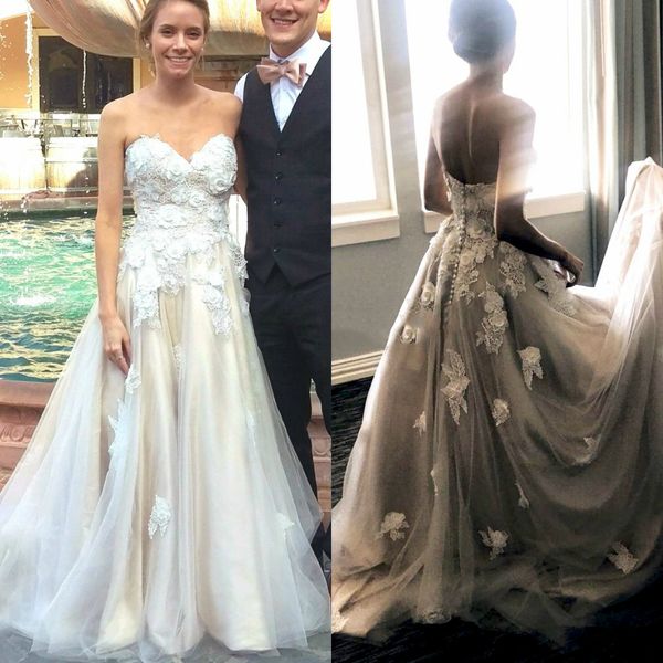 

2019 a line beach wedding dresses sweetheart 3d floral appliqued lace bridal gowns backless vintage tulle wedding dress, White