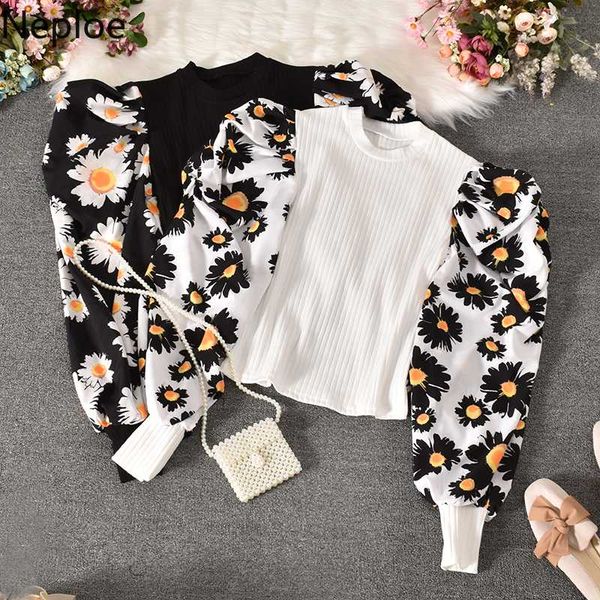 

neploe 2020 summer new women blouse floral puff long sleeve knitted patchwork shirt korean slim stretch blusas mujer 4c301, White