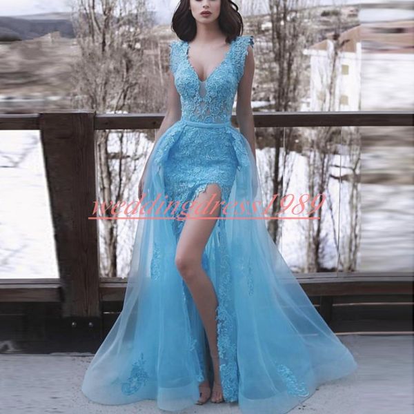 Sexy scollo a V blu 2k19 Dubai Prom Dresses Applique in pizzo High Split Said Mhamad Plus Size Long Party Vestido de fiesta Abiti da sera economici