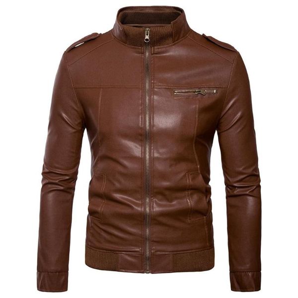

solid color zip stand collar coat men cardigan outfit pocket leather jacket, Black