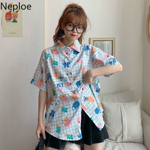 

neploe 2020 summer korean plaid women blouse cartoon printed short sleeve blusas turn down collar fashion shirts 4b872, White