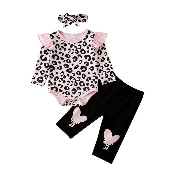 

3pcs newborn baby girls clothes set leopard ruffle rompers playsuit jumpsuit pants leggings headband outfits spring autumn, White