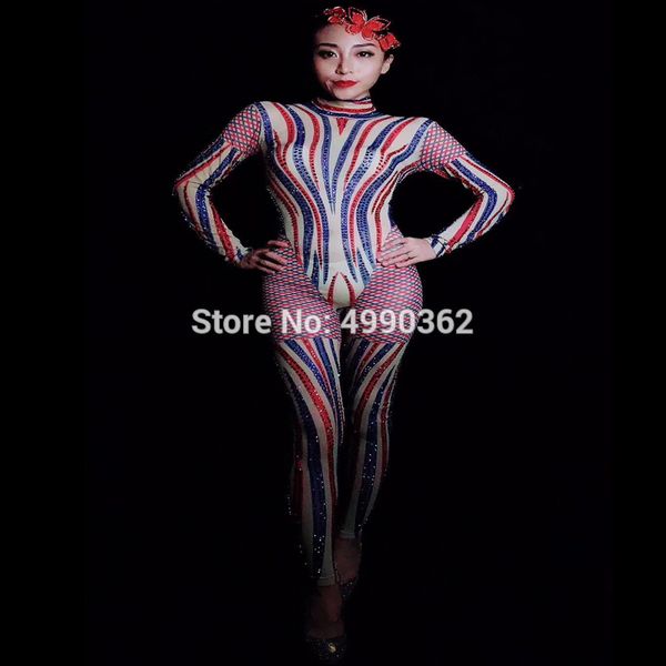 

women bright rhinestone stripe blue red mesh jumpsuit birthday outfit diamonds clothes nightclub bar dj singer show bodysuit, Black;white