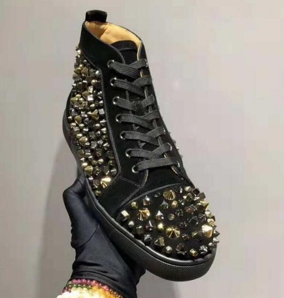 

with box] red bottom spikes flats men women casual shoes black leather sneakers red bottom fashion shoes discount footwear size35-46