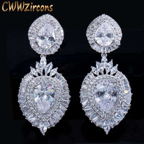 

cwwzircons luxurious long big dangle drop women party costume earrings for wedding bridal jewelry gift cz321, Silver