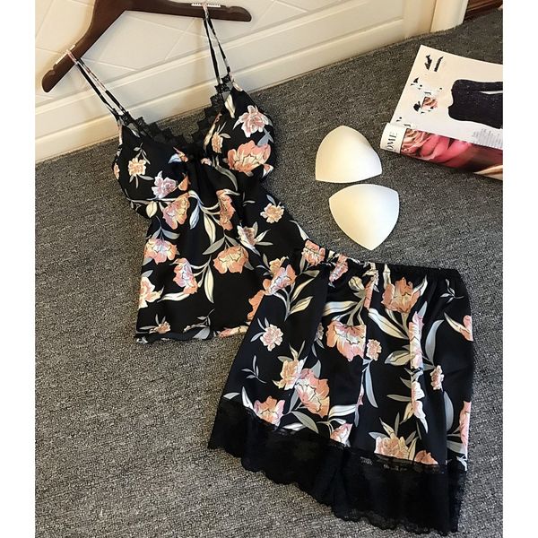 

fashion 2019 spring summer floral print two-piece pajamas fashion hollow lace chest pad simulation silk pajamas suits, Blue;gray