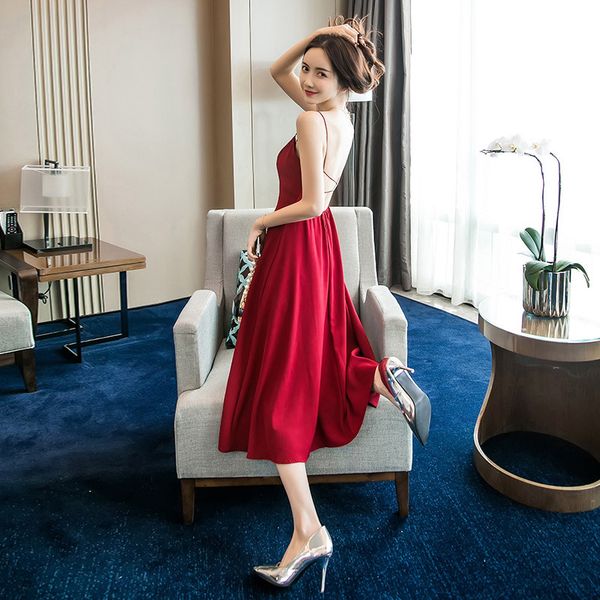 

backless cross straps mid-length dress, Black;gray