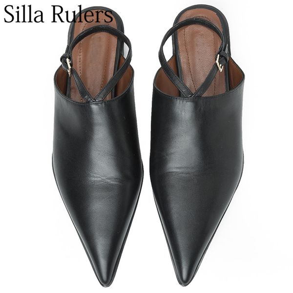 

silla rulers 2019 new ladies real leather pointed toe half slippers one strap flat with heels shallow single shoes women, Black