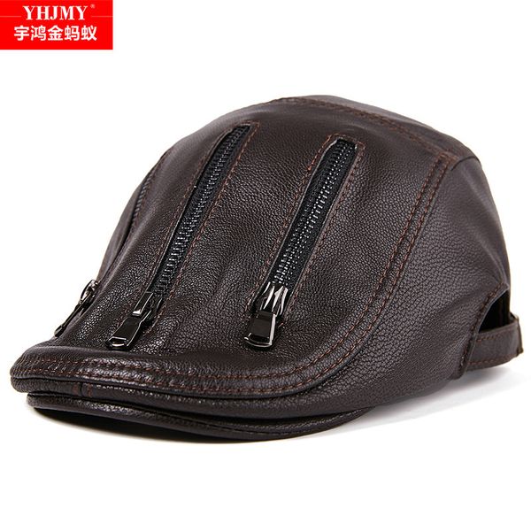 

man single thin skin sheepskin forward hat youth really leather hat old people autumn peaked cap, Blue;gray