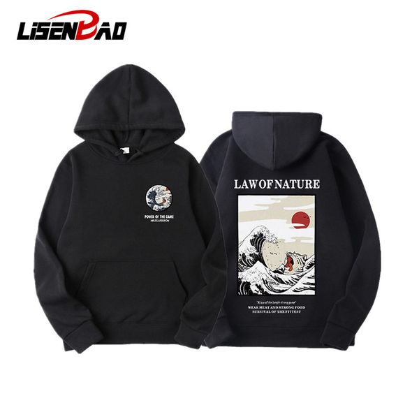 

men's 2019 autumn japanese print hoodies funny cat wave velvet hoody men winter casual hooded streetwear black sweatshirt