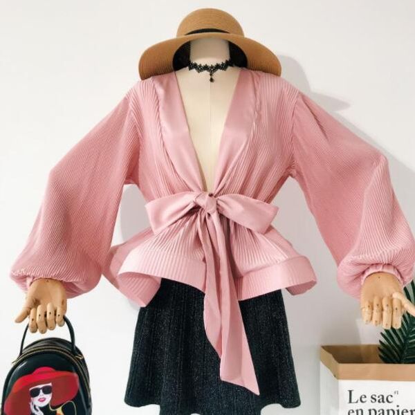 

white fairy blouse long sleeve women autumn 2020 lantern sleeve waist slim bow high street ruffle girls shirt dv203