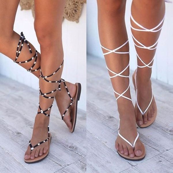 

siddons women summer gladiator sandals boots clip-toe cut-out ladies knee high shoes woman cross-tied flats sandals, Black