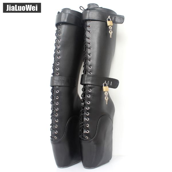 

boots jialuowei 18cm extreme high heel fetish wedges lace-up buckle heelless ballet lockable knee-high, Black
