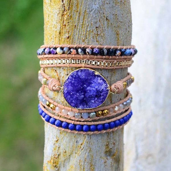 

2019 unique mixed natural stones crystal quartz charm 5 strands wrap bracelets handmade boho bracelet women leather bracelet, Golden;silver