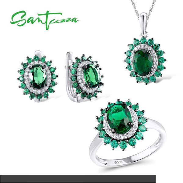 

santuzza серебряный комплект ювелирных изделий для женщин подлинная стерлингового серебра 925 роскошные сверкающие овальные зеленые шпинели, Black