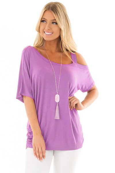 

2019 women's summer loose henley bat wing short sleeve casual cold shoulder tunic loose blouse shirts, White