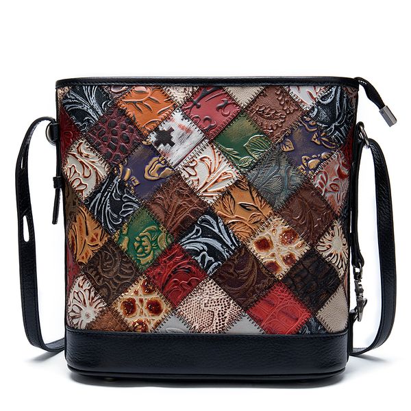 

genuine embossed leather women shoulder crossbody bags patchwork ladies travel bag national style female messenger bucket bags