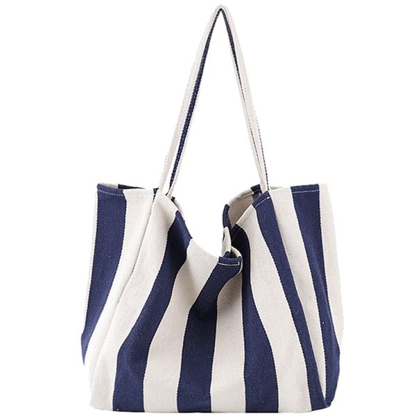 

women's striped canvas handbag summer beach classical fabric soft large handbag female casual bag