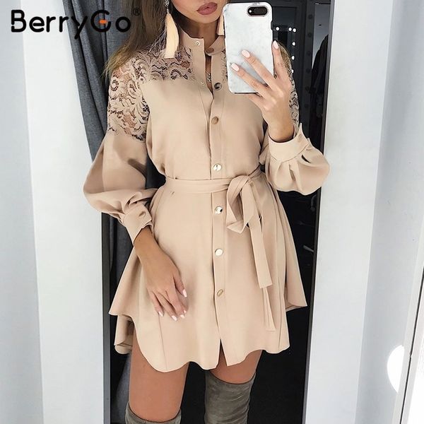 

berrygo lace women shirt dresses pure mesh embroidery long sleeve button office ladies dresses solid sashes summer mini dress, Black;gray