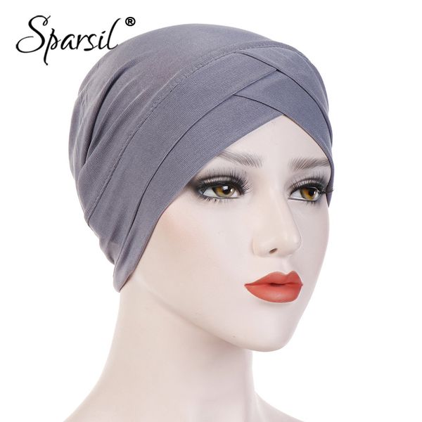 

sparsil women beanies stretch hat turban forehead cross india hat head wrap chemo solid color bandana muslim cap, Blue;gray