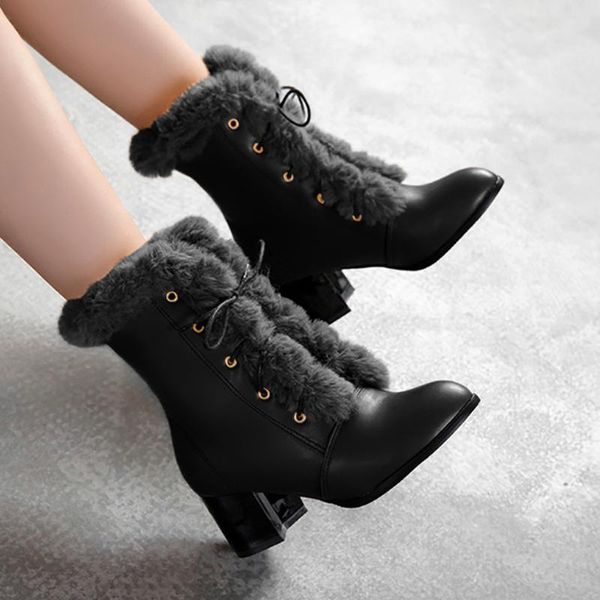 

2019new winter ankle boots fashion lace-up mid heel pointed toe shoes fur pu leather warm boots, Black