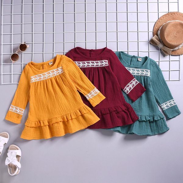 

spring and autumn toddler kid baby girl long sleeve solid lace ruffle princess dress casual loose clothes vestidos infantis z17$, Red;yellow