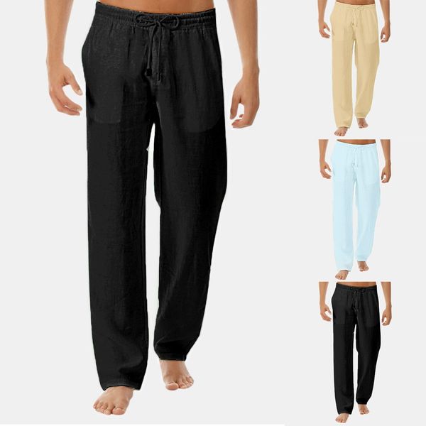 

casual men's simple trousers men's summer new simple fashion cotton linen trousers straight full length pants, Black