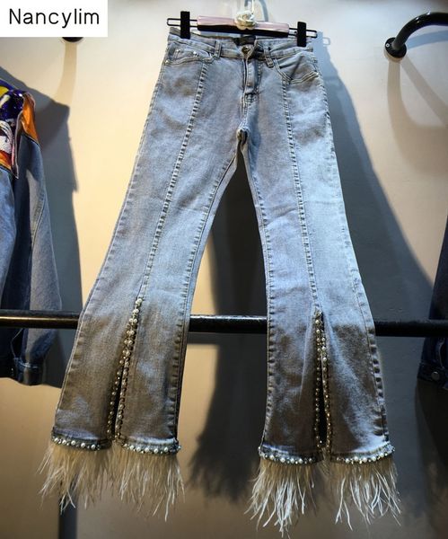

feather jeans for women 2019 autumn new heavy diamond studded bead high waist slim micro flare pants jeans femme lady streetwear, Blue