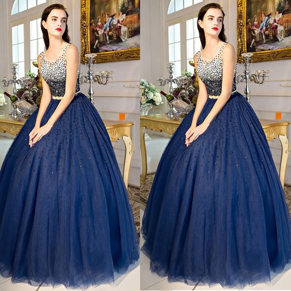 2019 faísca azul marinho lantejoulas vestido de baile Sheer Jewel Neck vestidos de baile completo frisado vestidos de noite longos