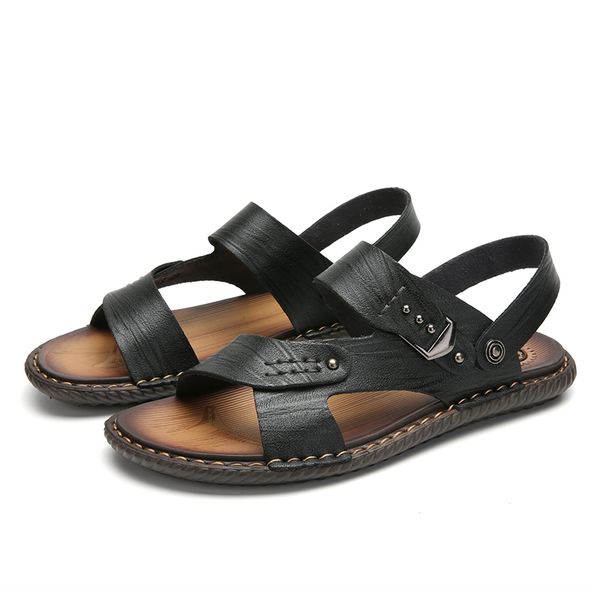 

2019 men's sandals summer shoes beach men sandals causal shoes genuine leather fashion outdoor footwear 38-48, Black