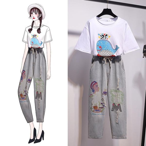

two piece dress ichoix and pants set 2 women casual printed t-shirt loose jeans hallen summer outfits korean style, White