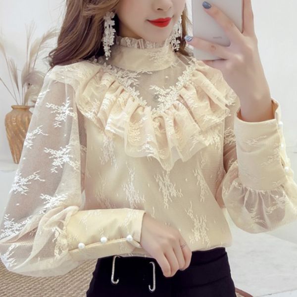 

sweet lantern long sleeve turtleneck women's lace blouse spring autumn 2020 ruffle pink/black/beige shirts for female new, White