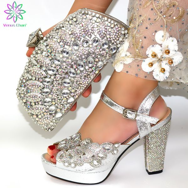 

new arrival silver color italy shoe decorated with rhinestone nigerian and bag set for wedding african shoes y200702, Black