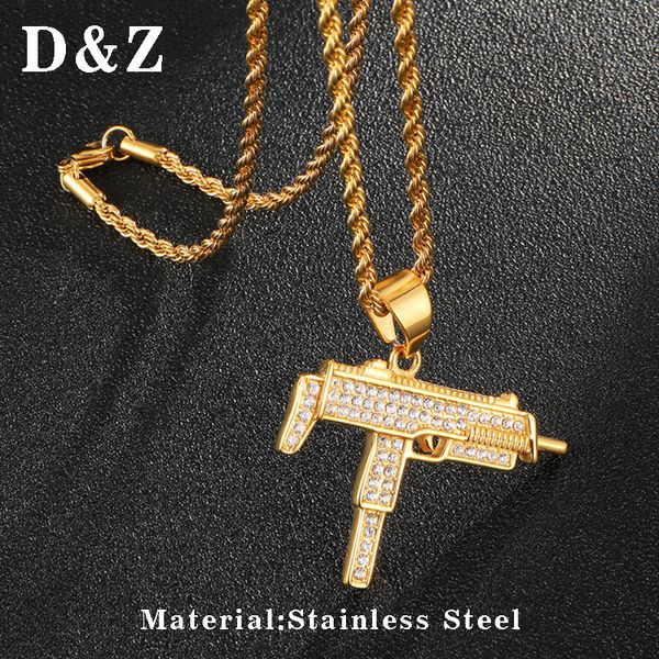 

d&z personality shiny rhinestone uzi gun necklaces pendants for men stainless steel hip hop jewelry gift, Silver