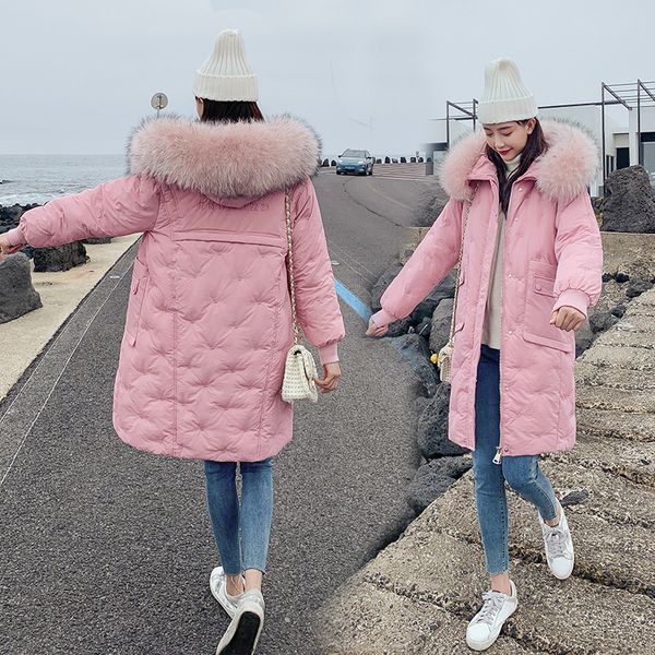 

2019 winter korean women's cotton high-end mid-length hooded fur collar warm down cotton women's winter clothing, Black