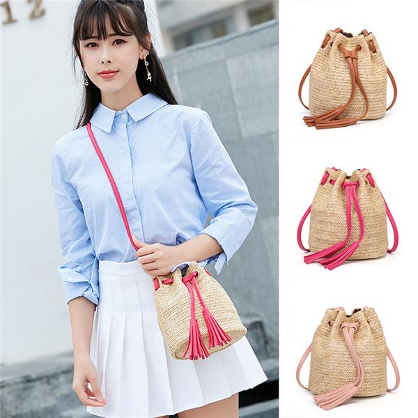 

outdoor bags travel bag women fashion solid color high capacity weave tassels shoulder bucket bag 2019