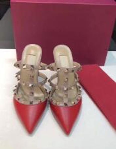 

genuine leather glitter rivets lady dress shoes designer pumps high heels fashion women party casual slippers sandals with, Black