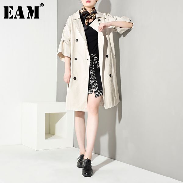 

eam] women double breasted bandage trench new lapel long sleeve loose fit windbreaker fashion tide autumn winter 2019 ef4000, Tan;black