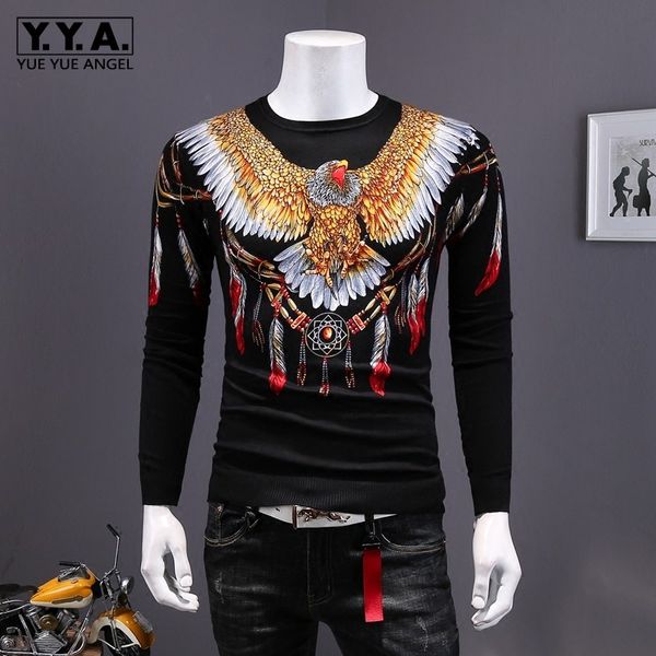 

autumn new mens vintage eagle printed pullover sweater long sleeve slim fit knitted fashion retro knitwear sweaters black, White;black