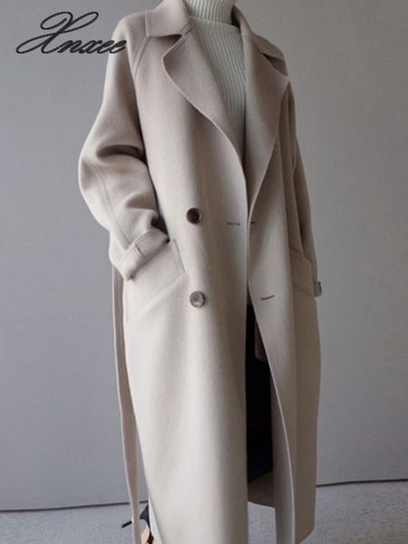 

2019 winter coat women wide lapel belt pocket wool blend coat oversize long trench outwear wool women, Black