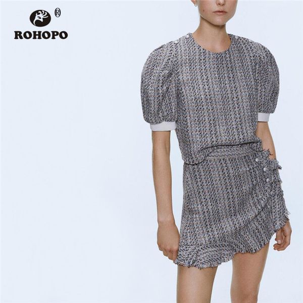 

rohopo tweed skirt autumn pearl buttons draped front tassel edge mini skirts flared hem plaid gradient falda #9699, Black