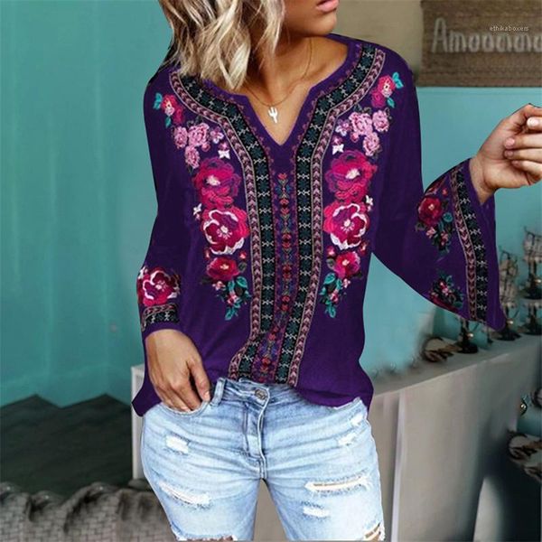

shirts floral bell sleeve autumn winter womens designer shirts long sleeve v neck loose extended womens blouses ol style womens, White
